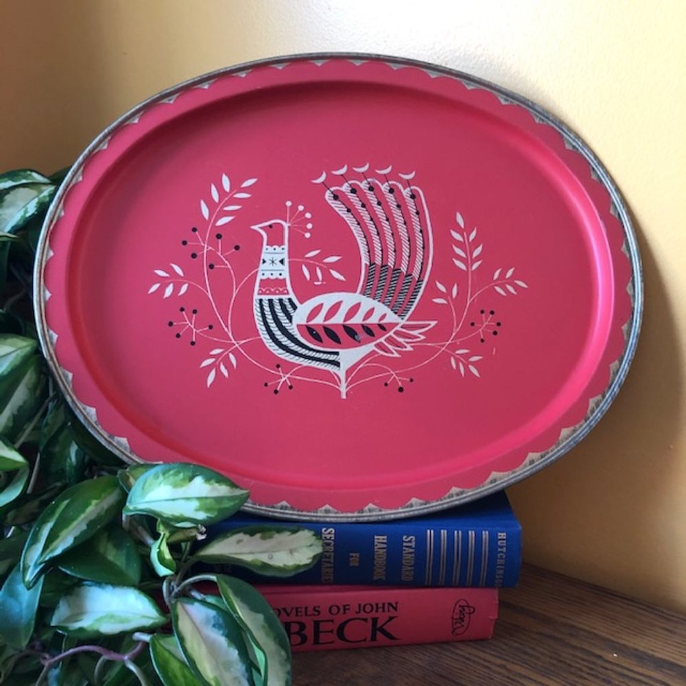 Vintage 60s Metal Serving Tray Bird Midcentury Mod